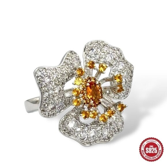 NWT Flower Cocktail Ring S925 Sterling Silver CZ Open Adjustable Feminine Chic - Picture 1 of 13